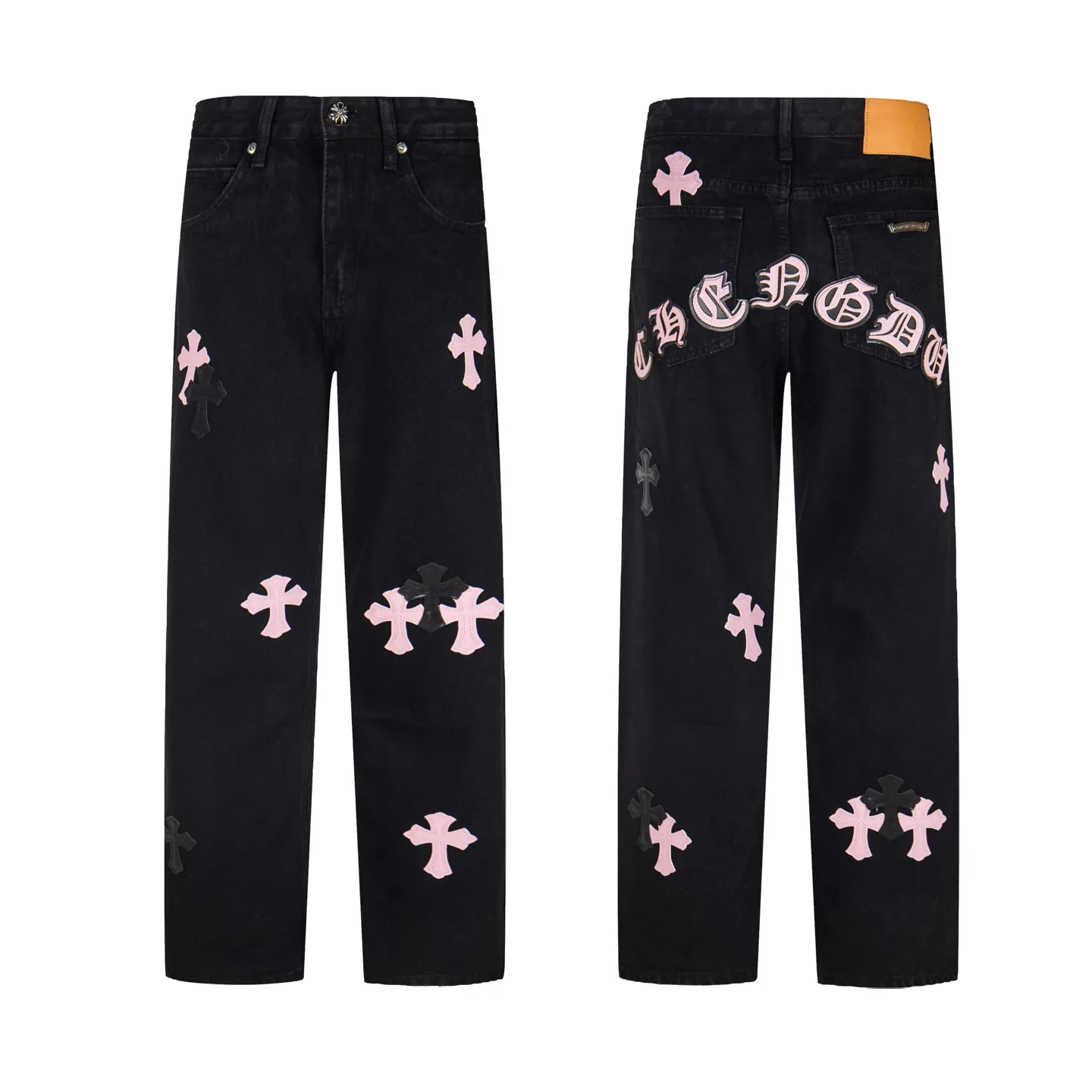 P260 Chrome Hearts Black Pants Sanskrit Black Pink Multi-Leather Jeans CH jeans need to be washed after the finished product is disassembled and then hand-stitched with sheepskin cross leather and then spliced ​​together to complete. The whole piece has too many craftsmanship to explain, patchwork cross flower embellishment, high-waisted washed jeans! ! Absolutely high-end luxury products, god-level single products and super popular products, made with top heavy industry, a must-see magic weapon. Customized hardware. The fabric is thick and soft after washing. It has good breathability. Customized small leather label. Unique design. The details are simple and elegant, and the workmanship is exquisite. The entire trousers are neatly routed and the details are in place! It’s so cool that both men and women can easily control the genderless trend! Style number: 1871# Color: black Size: 28 30 32 34